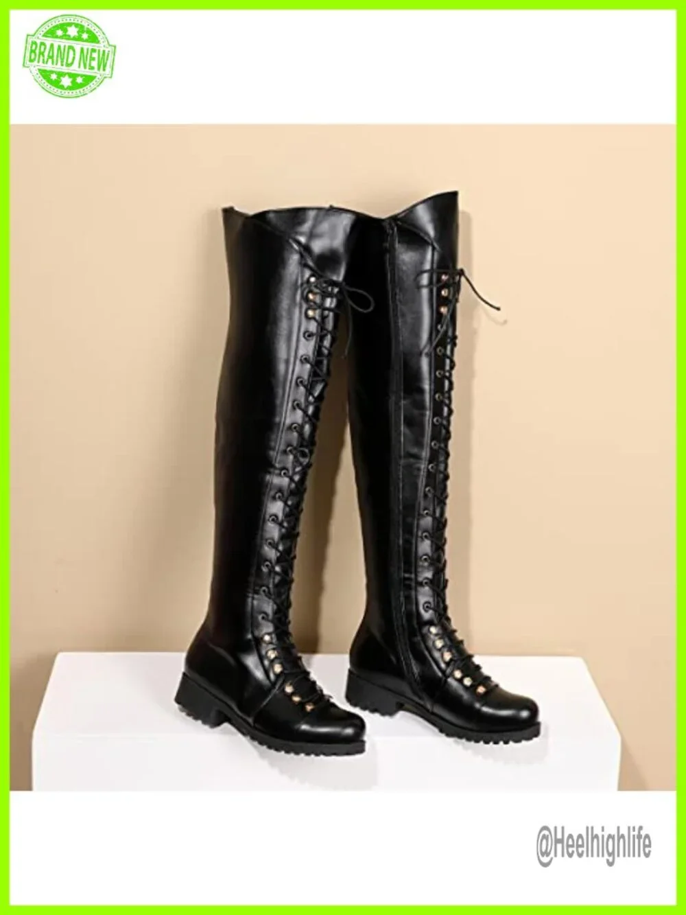 Over The Knee Lace-up Flat Long Boots PU Leather Riding Boot